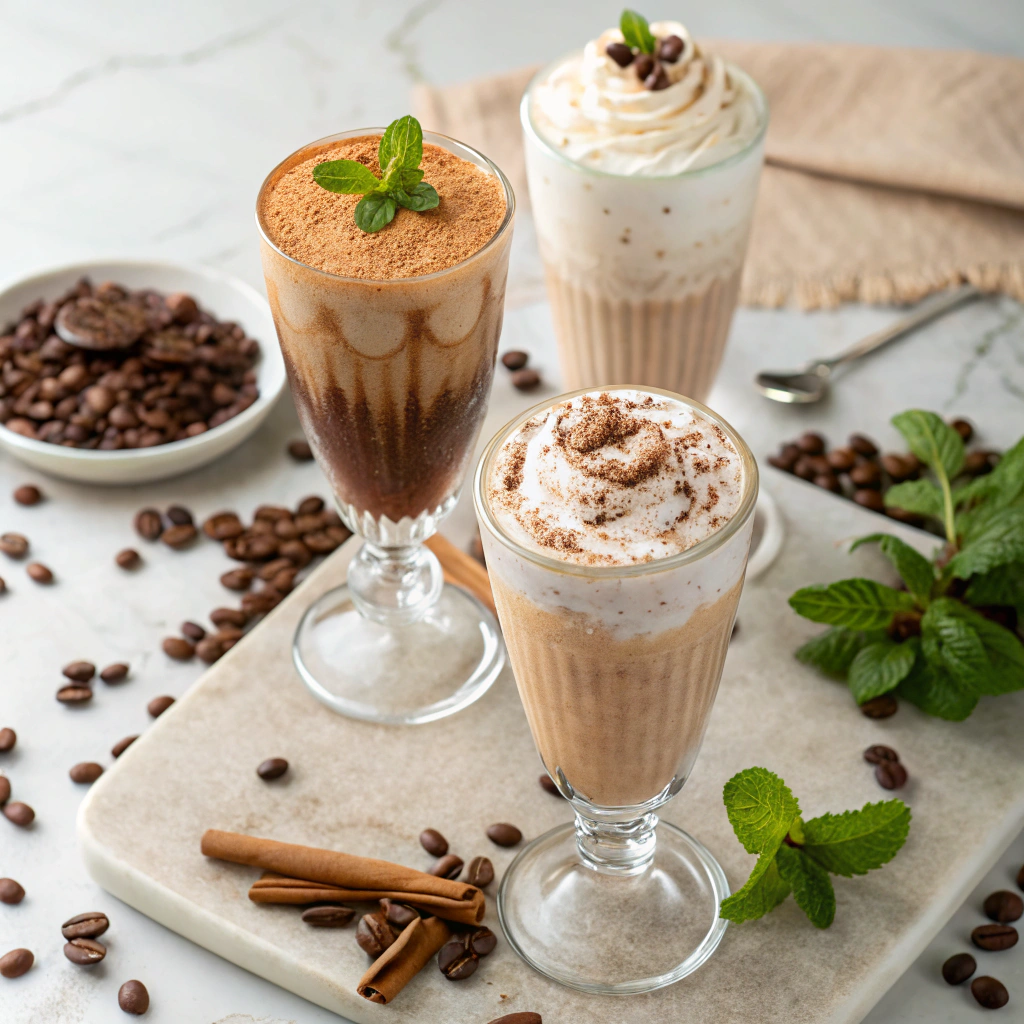 15 Delicious Espresso Mocktail Recipes (Coffee Cocktails Without Alcohol) 7 Three elegant espresso mocktail drinks with coffee beans and garnishes on marble surface