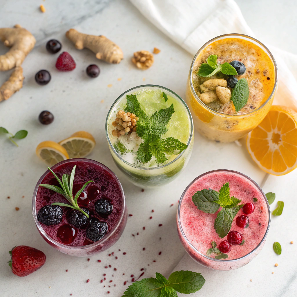 Nootropic Mocktails: 12 Brain-Boosting Alcohol-Free Drinks 8 Four colorful nootropic mocktails with brain-boosting ingredients on marble surface