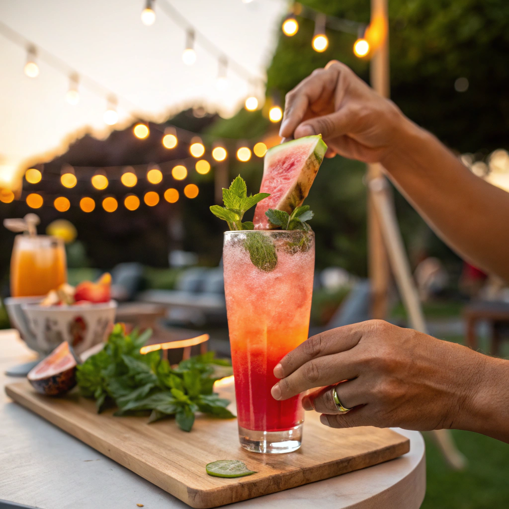 25 Refreshing Summer Mocktails: Easy Recipes for Every Occasion 19 Hands preparing refreshing summer mocktail with watermelon garnish