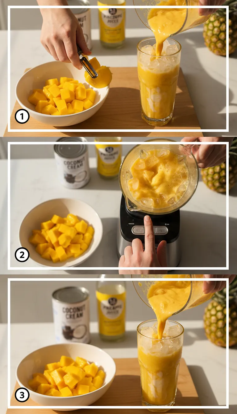 How to Make the Best Mango Colada Mocktail in 5 Minutes 3 Mango Colada Mocktail preparation steps visualized