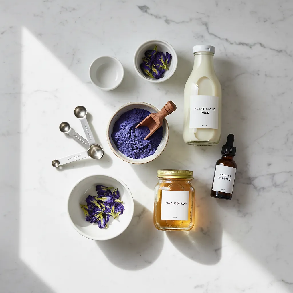 Butterfly Pea Flower Tea Latte ingredients laid out on clean white counter