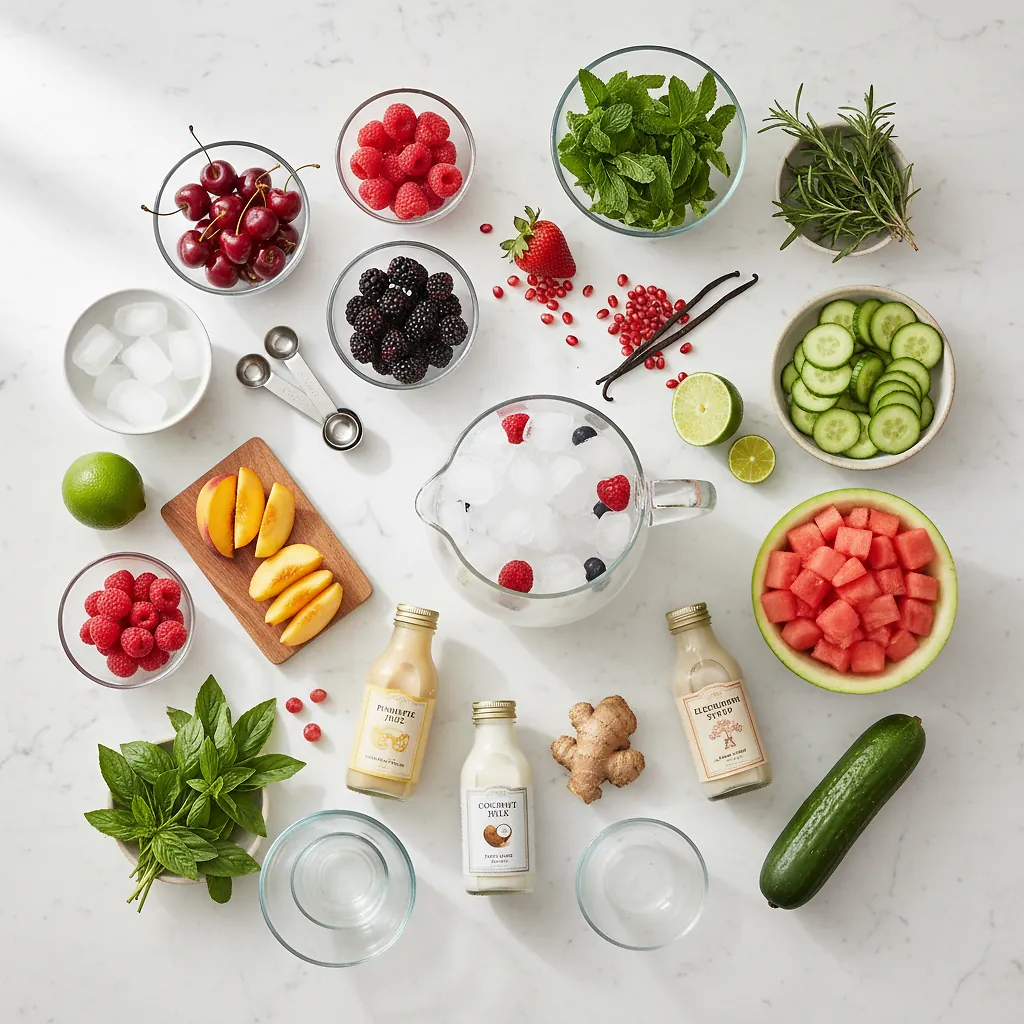 Refreshing Fruity Mocktails ingredients laid out on clean white counter