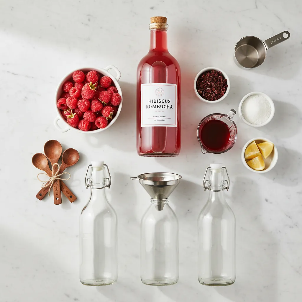 Raspberry Hibiscus Kombucha - Create Mindfully 2 Raspberry Hibiscus Kombucha ingredients laid out on clean white counter
