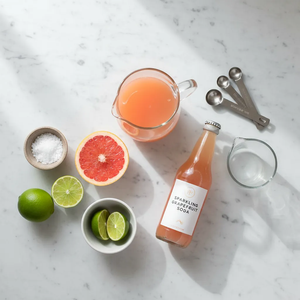 Zero-Proof Paloma Recipe | DrinkSmart - Easy Refreshing Mocktail 2 Zero-Proof Paloma ingredients laid out on clean white counter