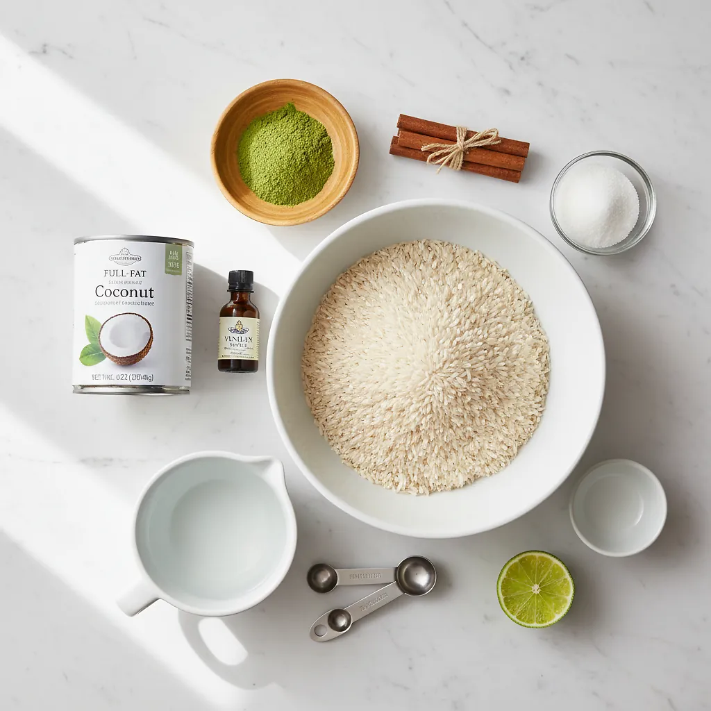 Coconut Matcha Horchata: Matchata - Snixy Kitchen 2 Coconut Matcha Horchata ingredients laid out on clean white counter