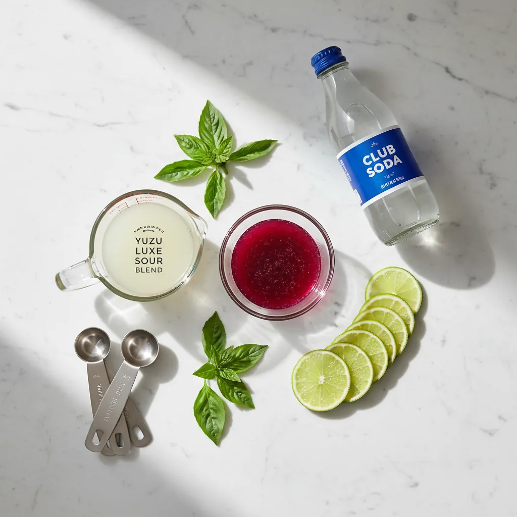Sweet Hibiscus & Yuzu Lime Basil Fizz ingredients laid out on clean white counter