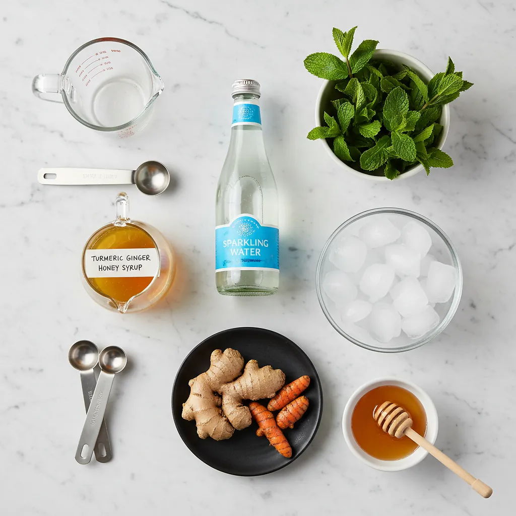Turmeric Ginger Mocktail ingredients laid out on clean white counter