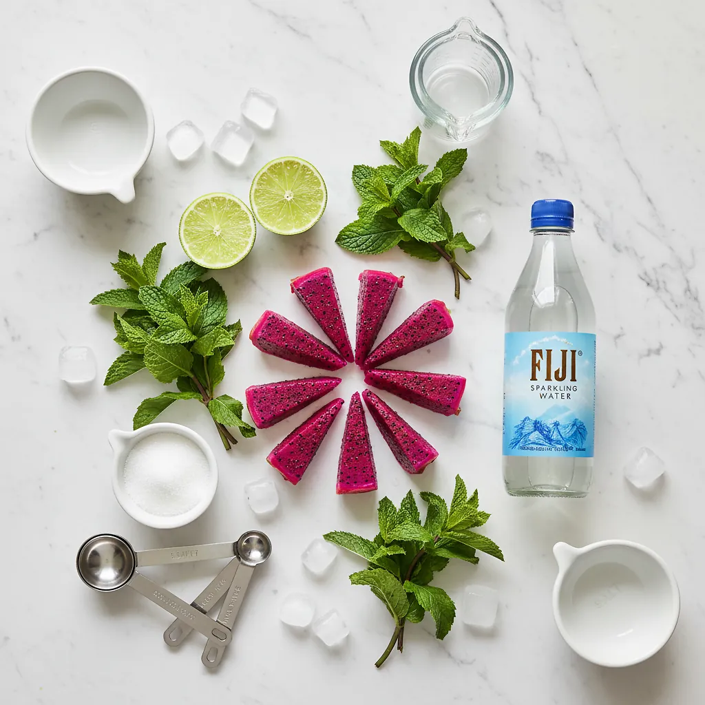 Dragonfruit Mojito Mocktail ingredients laid out on clean white counter