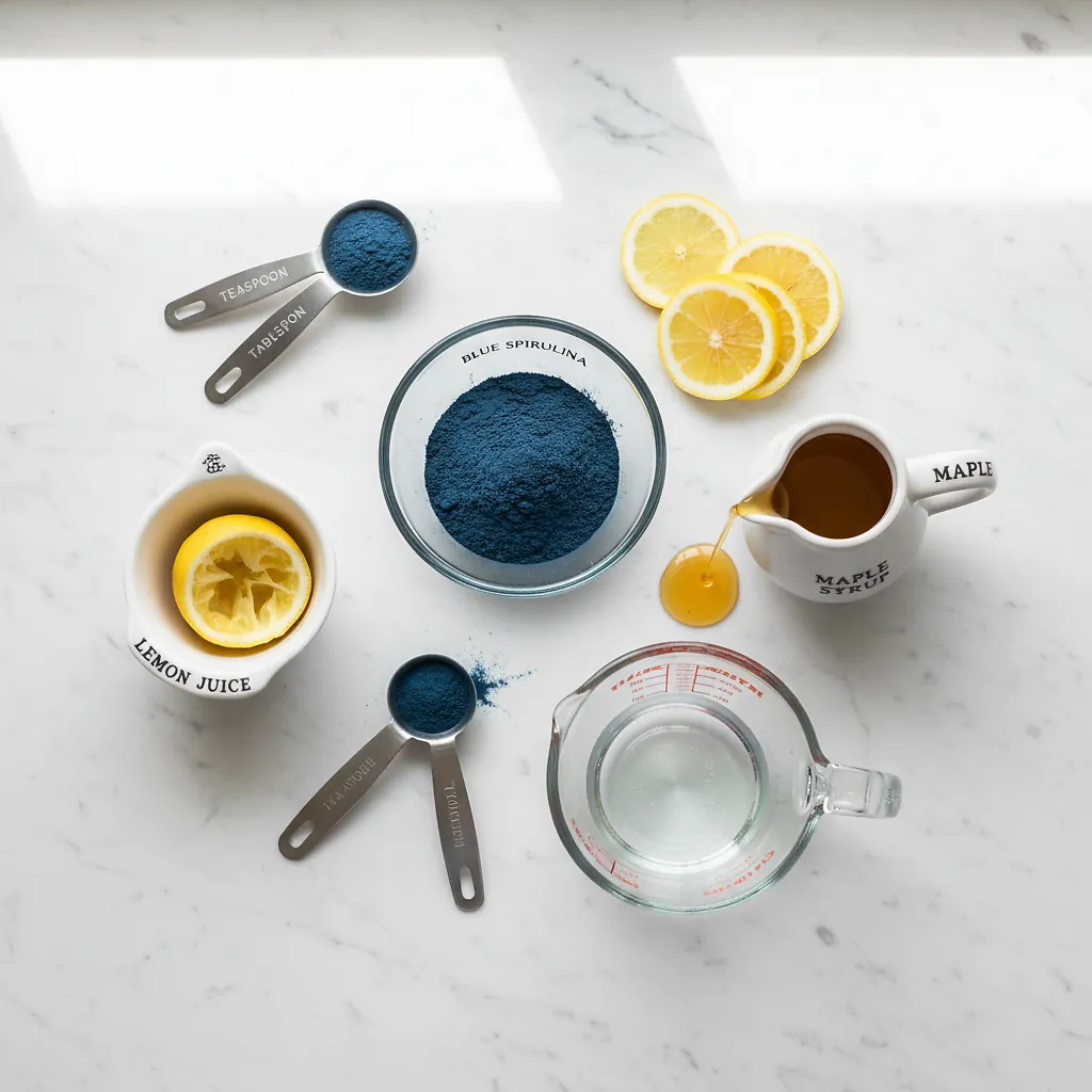 Simple Bali Blue Lemonade: Refreshing Blue Spirulina Mocktail Recipe 2 Simple Bali Blue Lemonade ingredients laid out on clean white counter