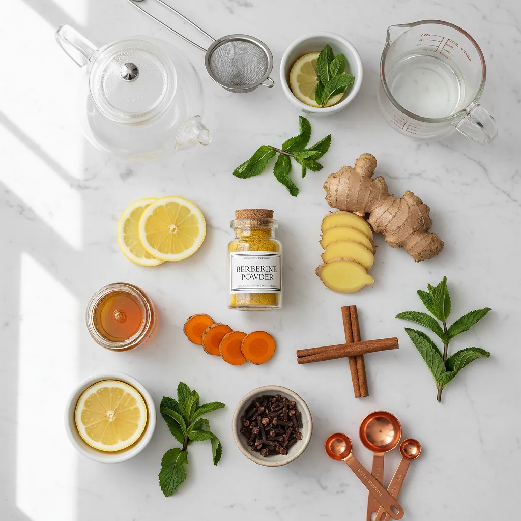 Crafting the Perfect Berberine Tea ingredients laid out on clean white counter
