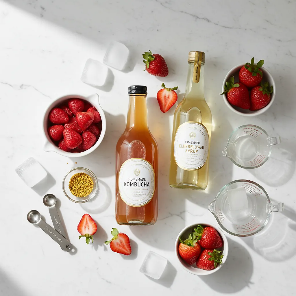 Refreshing summer mocktail with homemade kombucha and fermented strawberries ingredients laid out on clean white counter