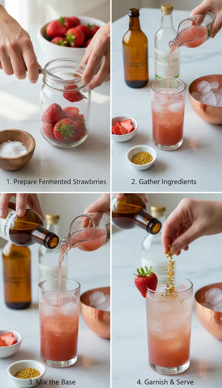 Step-by-Step Instructions for Refreshing summer mocktail with homemade kombucha and fermented strawberries