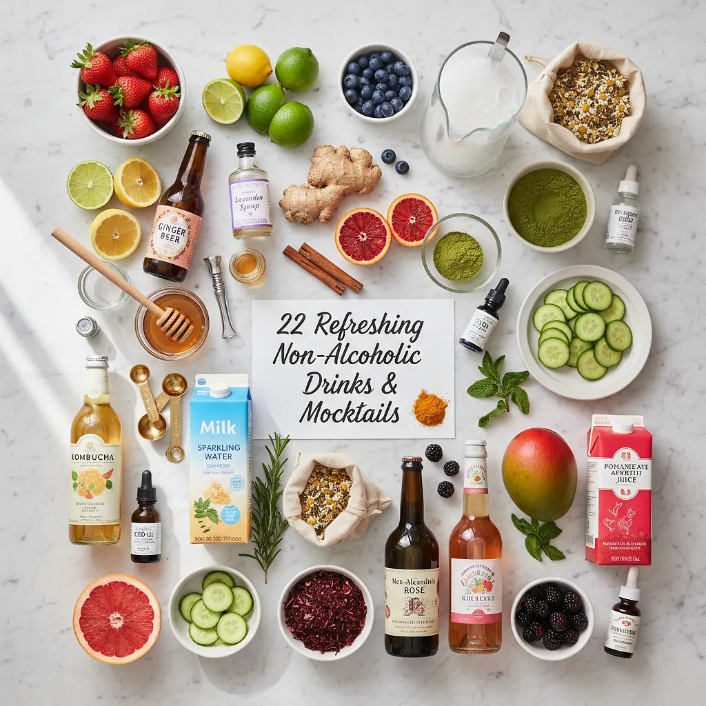 22 Refreshing Non-Alcoholic Drinks and Mocktails - SideChef 2 22 Refreshing Non-Alcoholic Drinks and Mocktails ingredients laid out on clean white counter