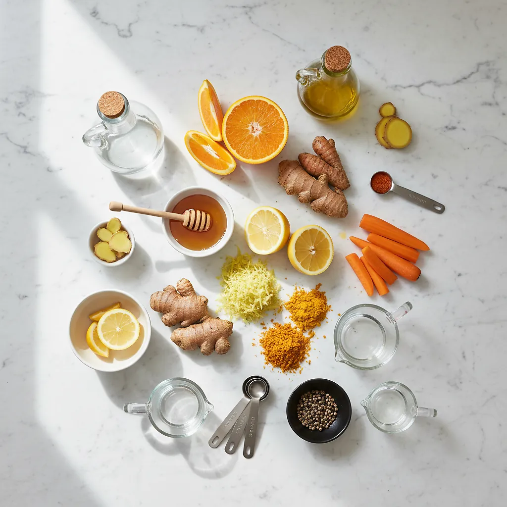 Wellness Shots With Ginger and Turmeric ingredients laid out on clean white counter