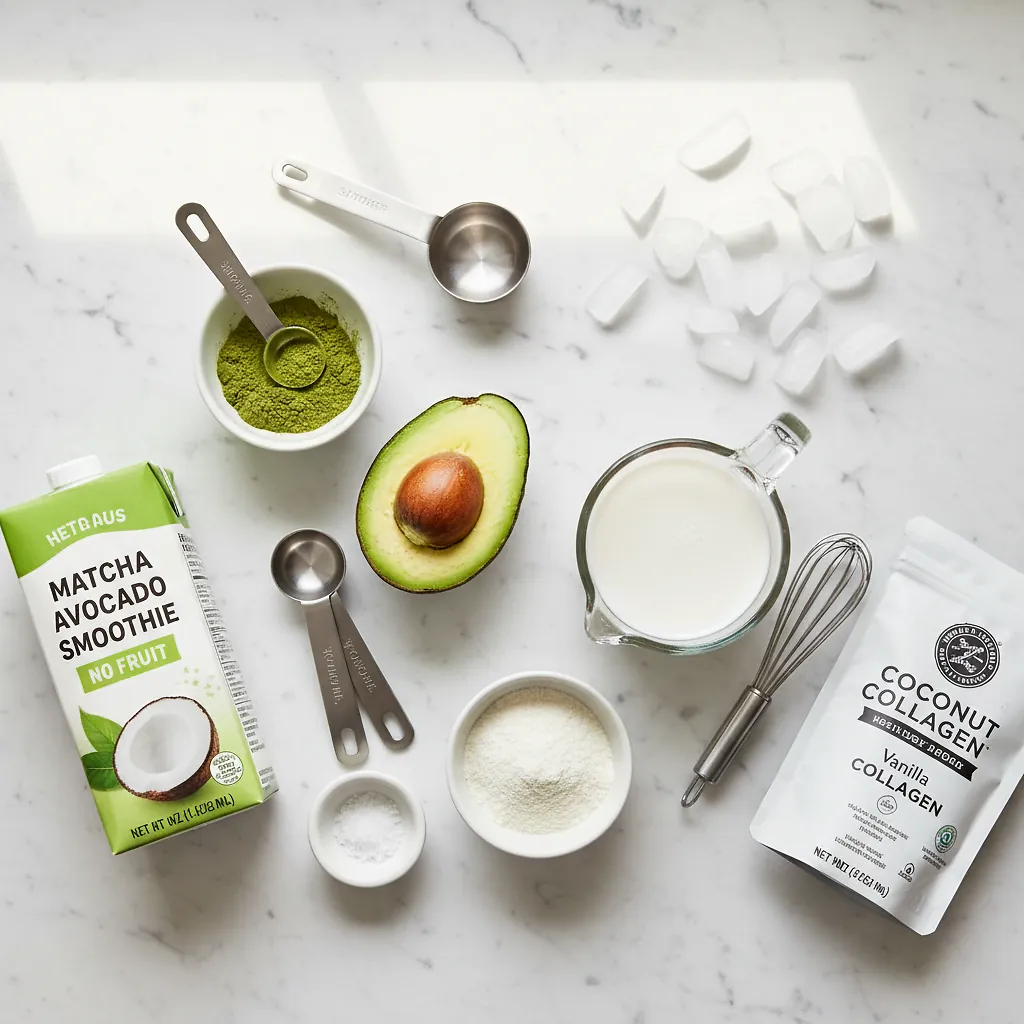 Matcha Avocado Smoothie (No Fruit) ingredients laid out on clean white counter