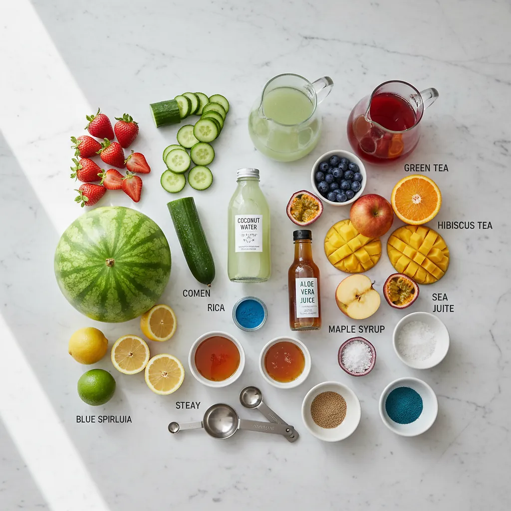 6 Homemade Electrolyte Drink Recipes - The Mindful Mocktail 2 Homemade Electrolyte Drink Recipes ingredients laid out on clean white counter