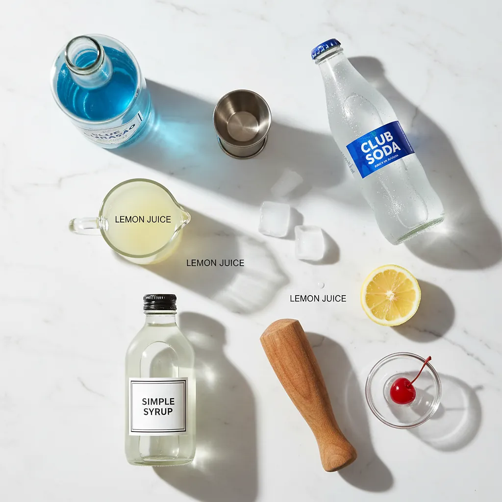 Blue Lagoon Mocktail ingredients laid out on clean white counter