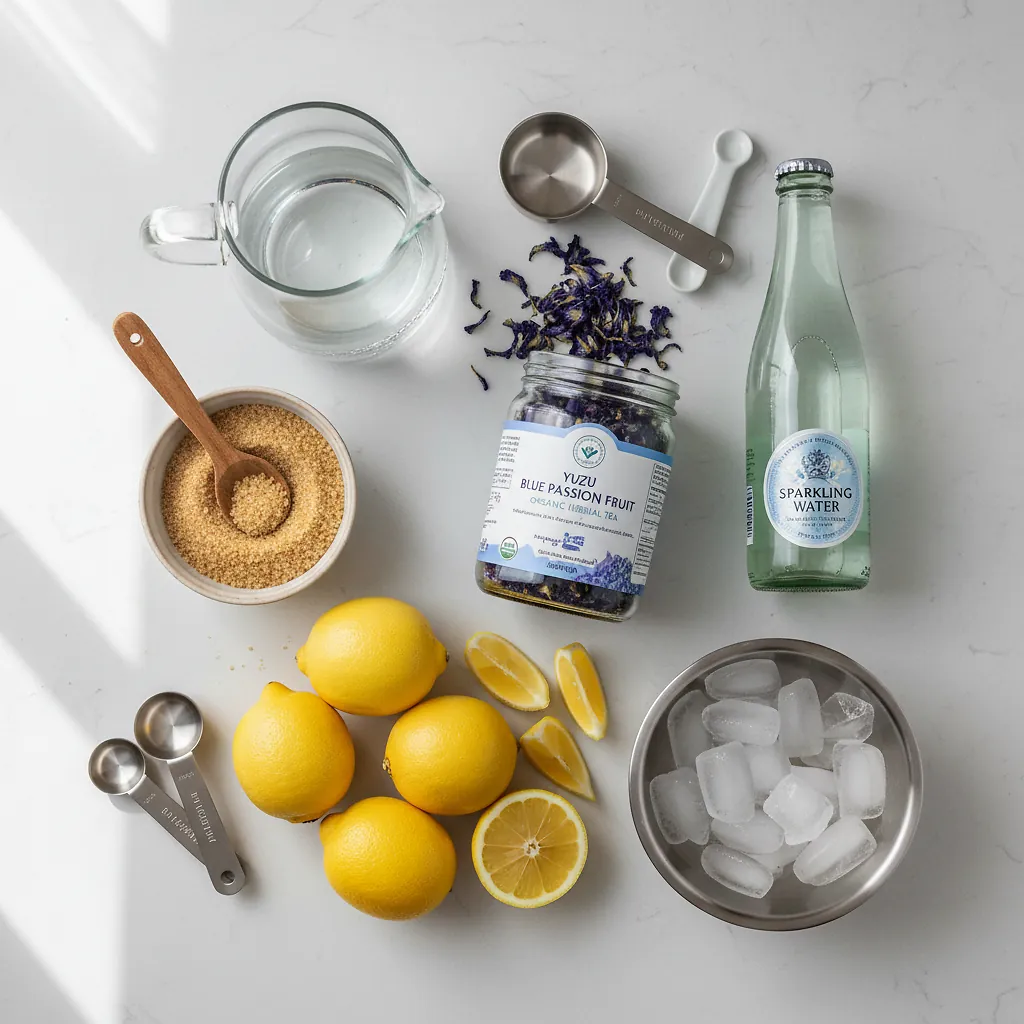 Butterfly Pea Lemonade Tea Mocktail ingredients laid out on clean white counter