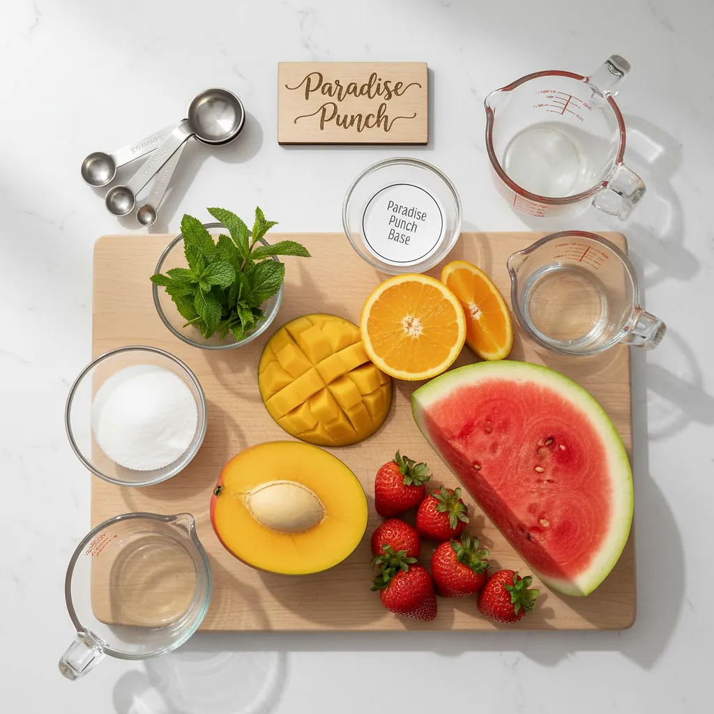 Paradise Punch ingredients laid out on clean white counter