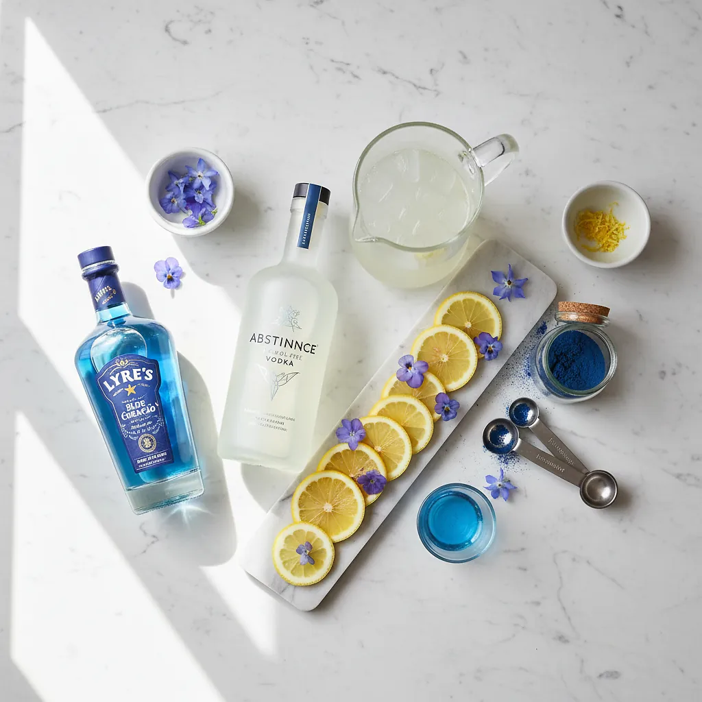 Blue Lagoon Mocktail ingredients laid out on clean white counter