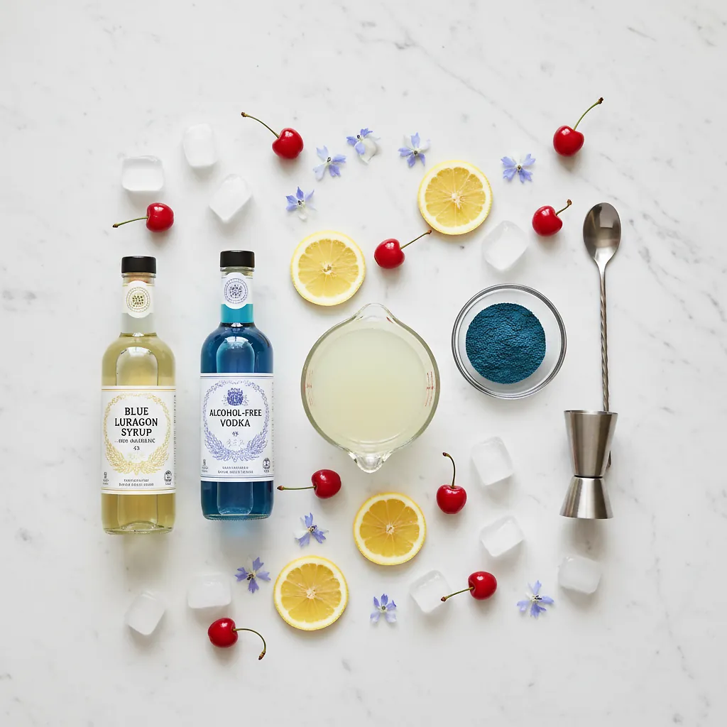 Blue Lagoon Mocktail (With 2 Versions!) - The Mindful Mocktail 2 Blue Lagoon Mocktail ingredients laid out on clean white counter