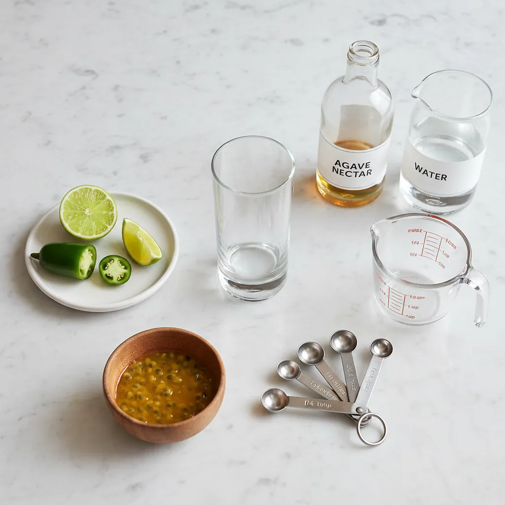 Spicy Passion Fruit Mocktail AKA Mockarita ingredients laid out on clean white counter