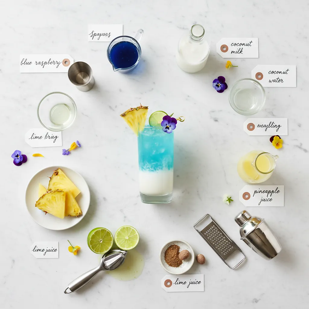 Baby Blue Colada Mocktail ingredients laid out on clean white counter
