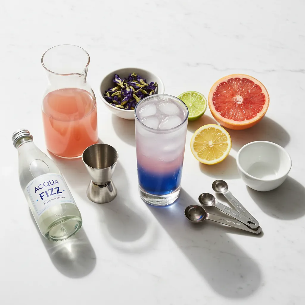 Blue Mocktail Recipe Thats Healthy and Easy To Make! Citrus Magic with Butterfly Pea Flowers 2 Citrus Magic ingredients laid out on clean white counter