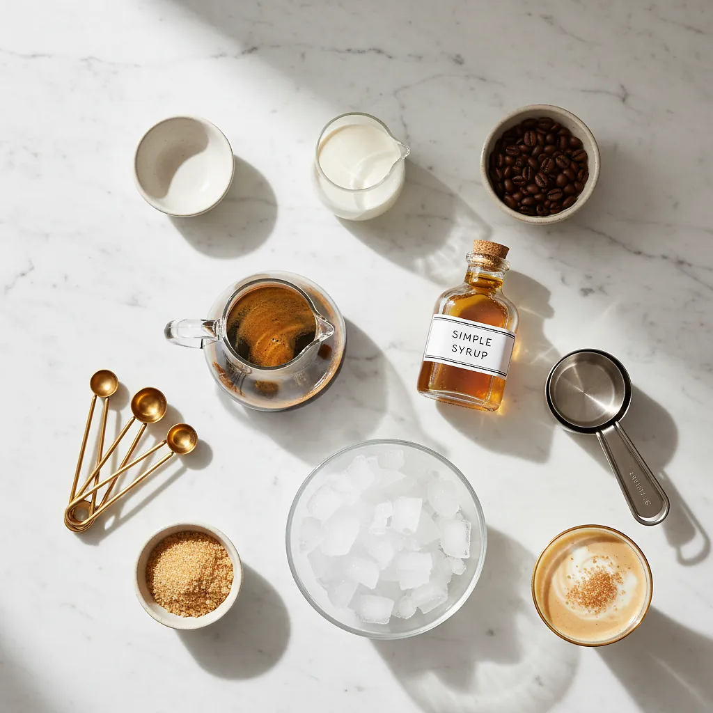 Espresso Martini Mocktail - Art From My Table 2 Espresso Martini Mocktail ingredients laid out on clean white counter