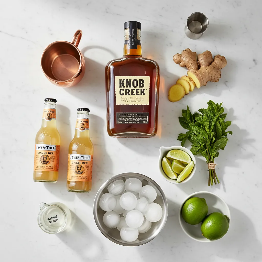 Ginger Mint Bourbon Mule ingredients laid out on clean white counter