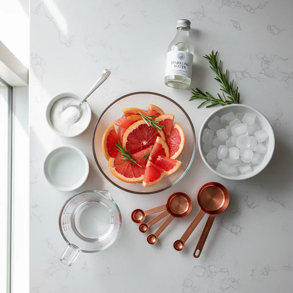 Sparkling Grapefruit Mocktail ingredients laid out on clean white counter