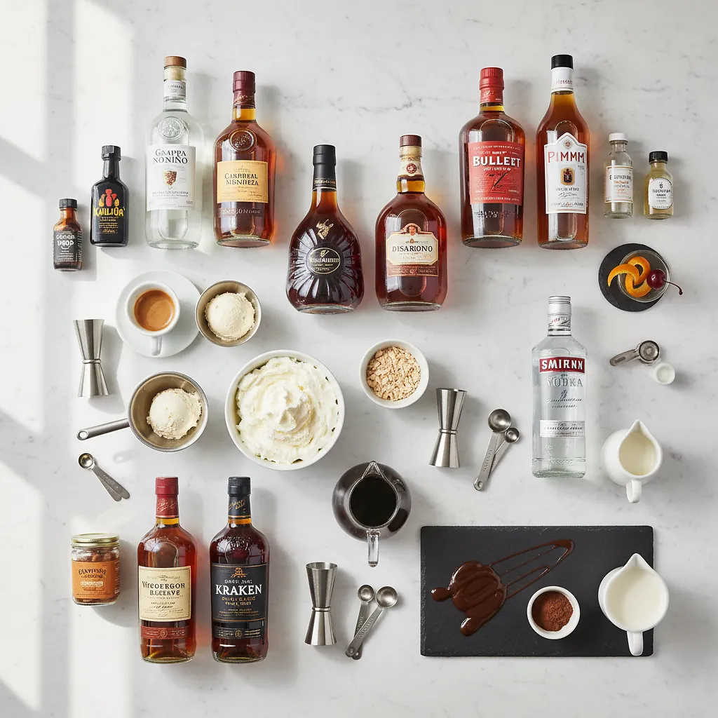 6 romantic coffee cocktail recipes ingredients laid out on clean white counter