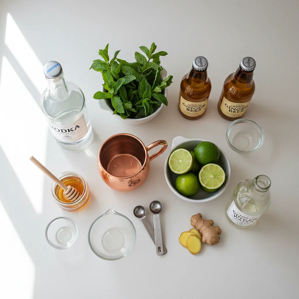 Moscow Mules Recipe with Mint Leaves ingredients laid out on clean white counter