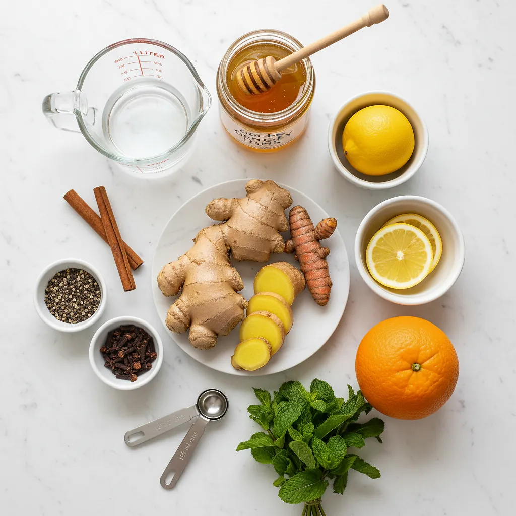Golden Ginger Drink ingredients laid out on clean white counter
