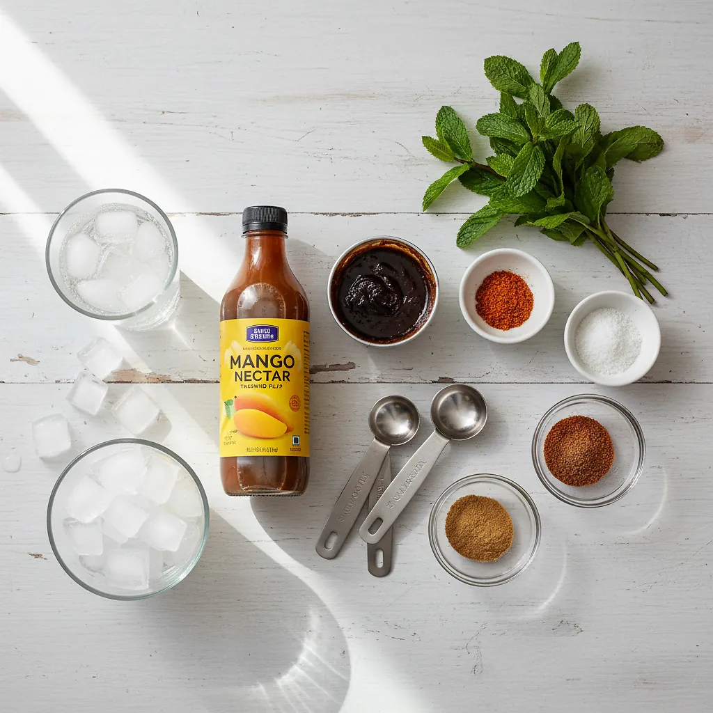 Tamarind Mango Mocktail ingredients laid out on clean white counter