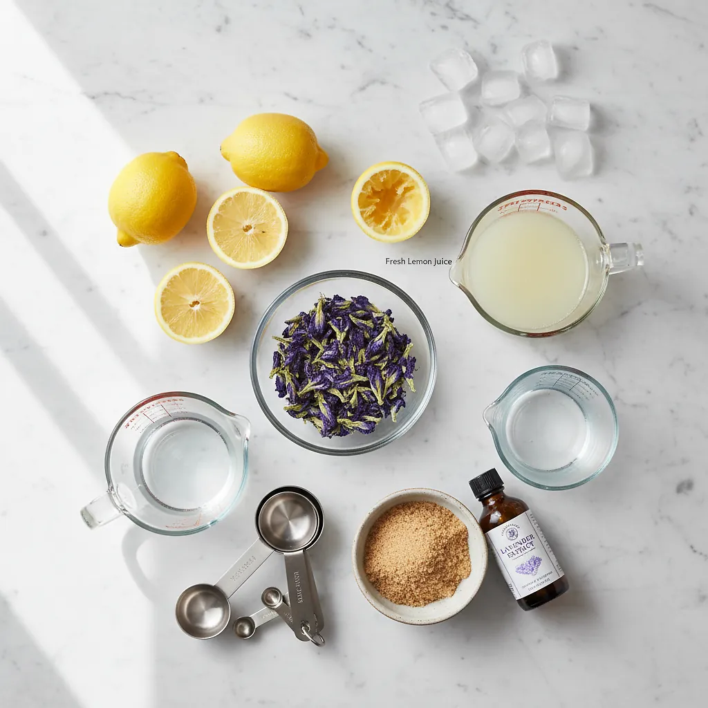 Simple Color-Changing Magic Lemonade ingredients laid out on clean white counter