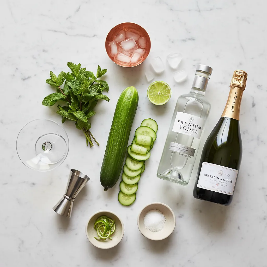 Cucumber-Mint Sparkler ingredients laid out on clean white counter