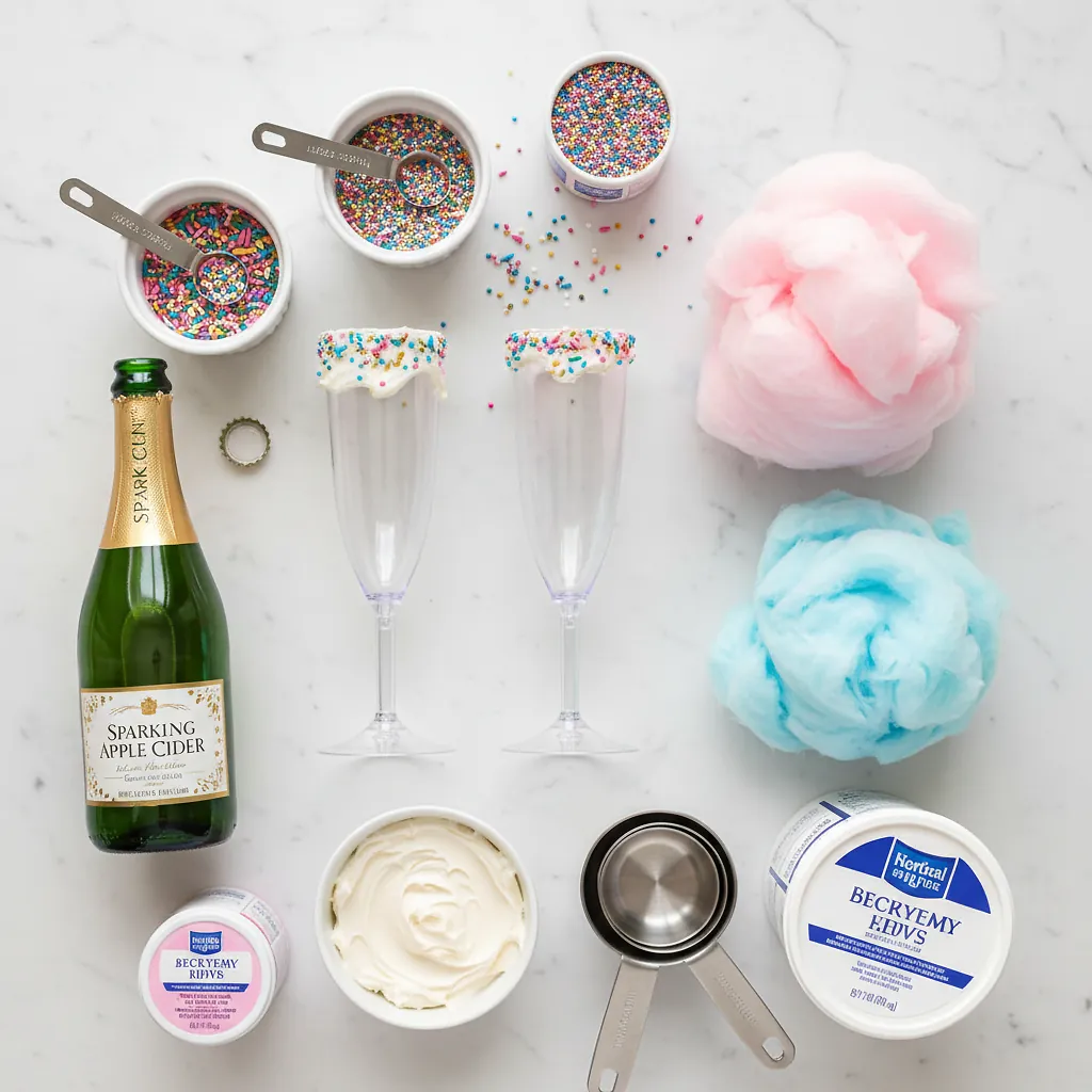 Cotton Candy New Years Eve Mocktail for Kids ingredients laid out on clean white counter