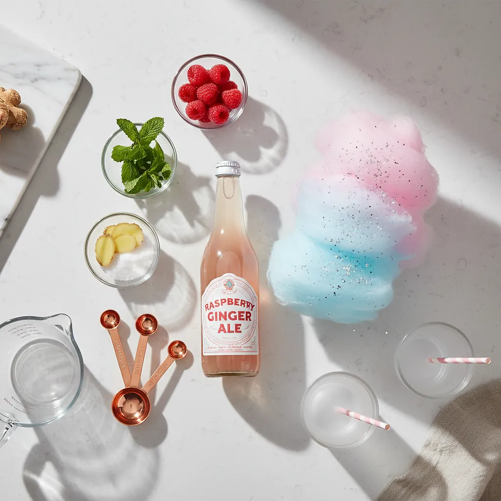  Sparkling Cotton Candy Mocktail ingredients laid out on clean white counter