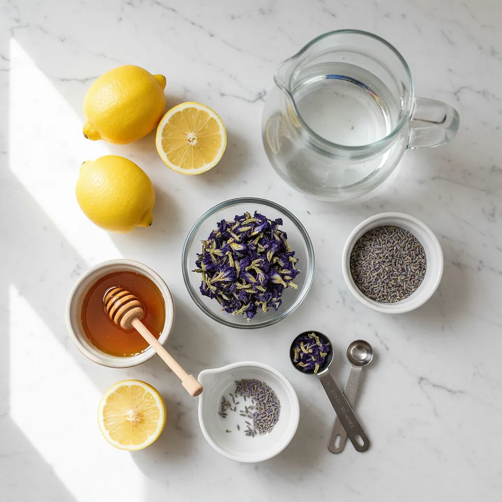 Butterfly Pea Flower Lavender Lemonade ingredients laid out on clean white counter