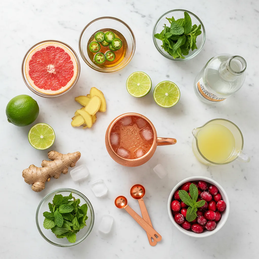 Frosted Spicy Ginger Moscow Mule 2 Frosted Spicy Ginger Moscow Mule ingredients laid out on clean white counter