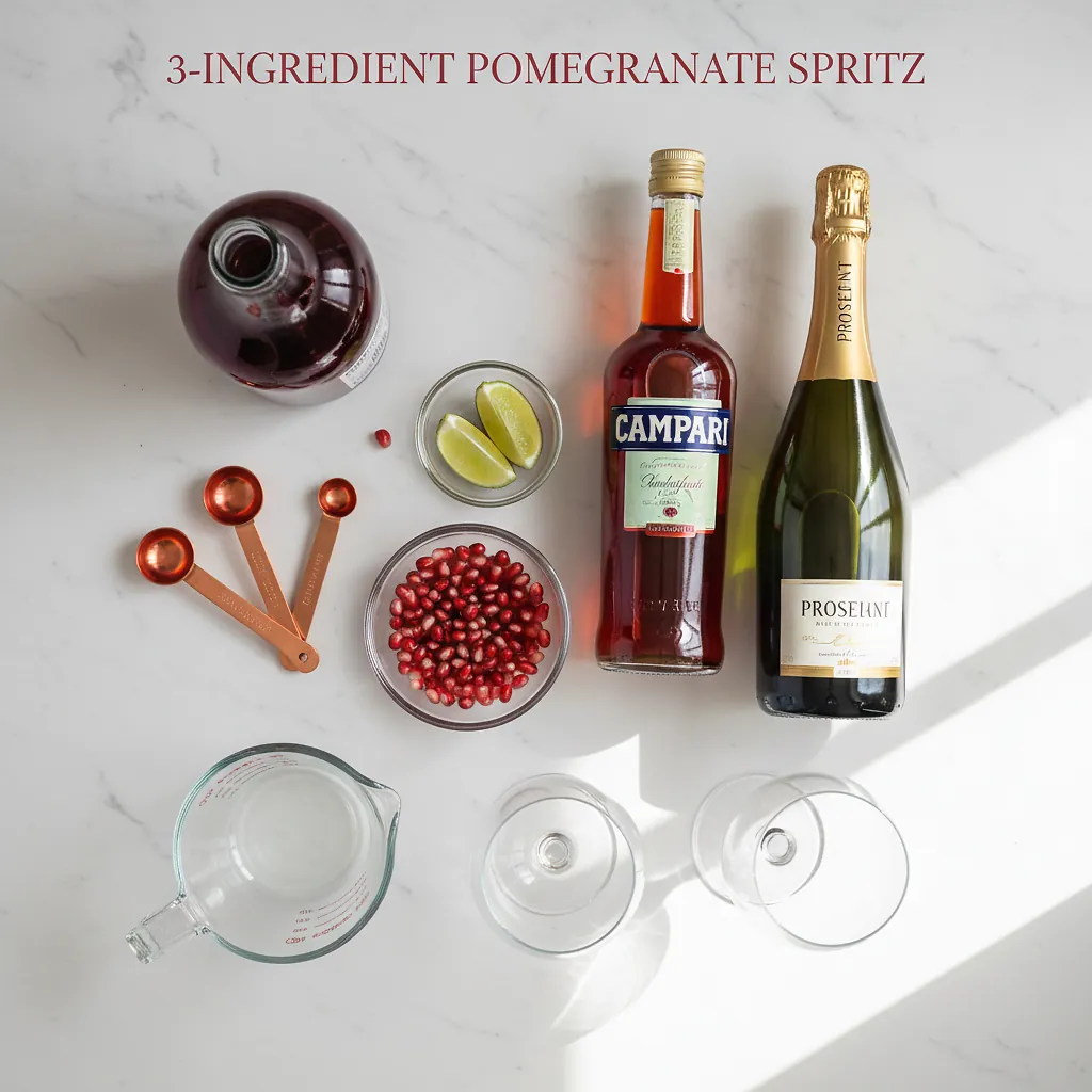 A 3-Ingredient Pomegranate Spritz, No Measuring Needed 2 3-Ingredient Pomegranate Spritz ingredients laid out on clean white counter