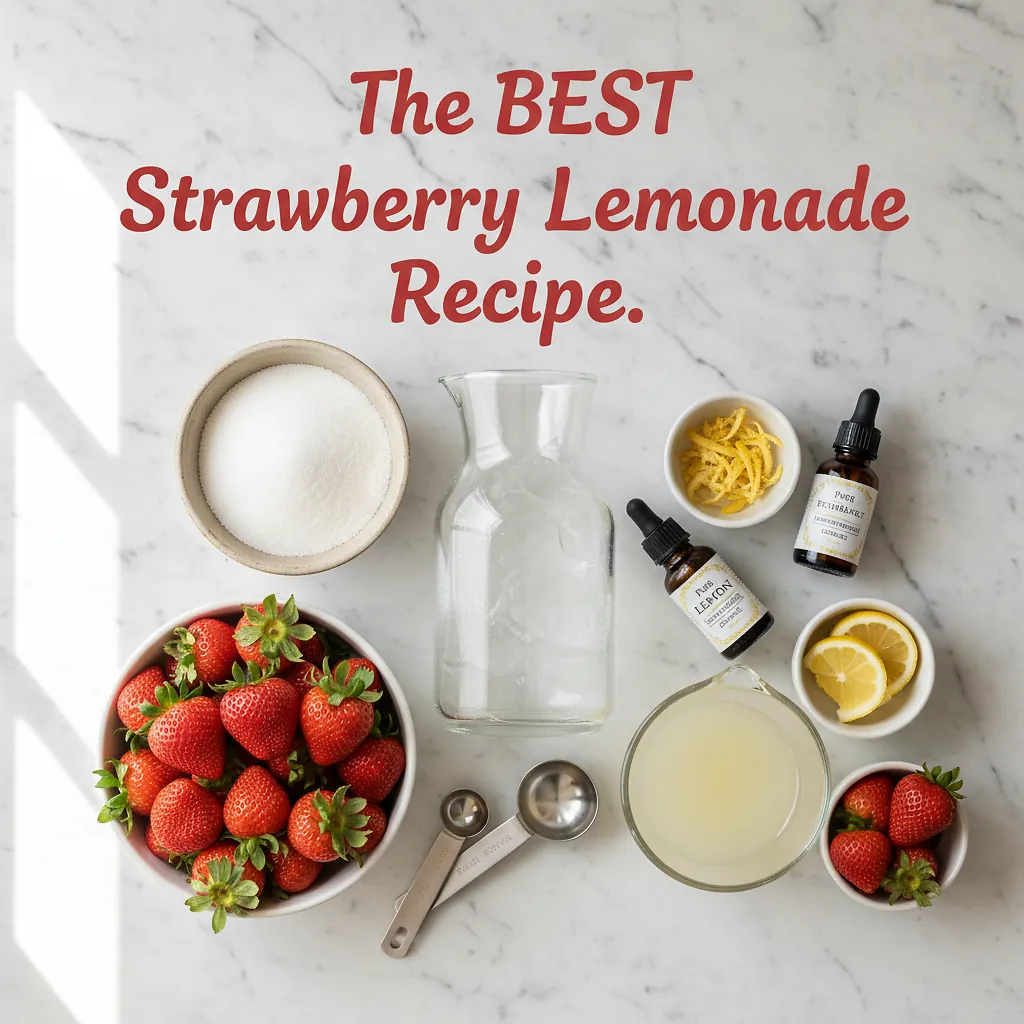 The BEST Strawberry Lemonade Recipe ingredients laid out on clean white counter