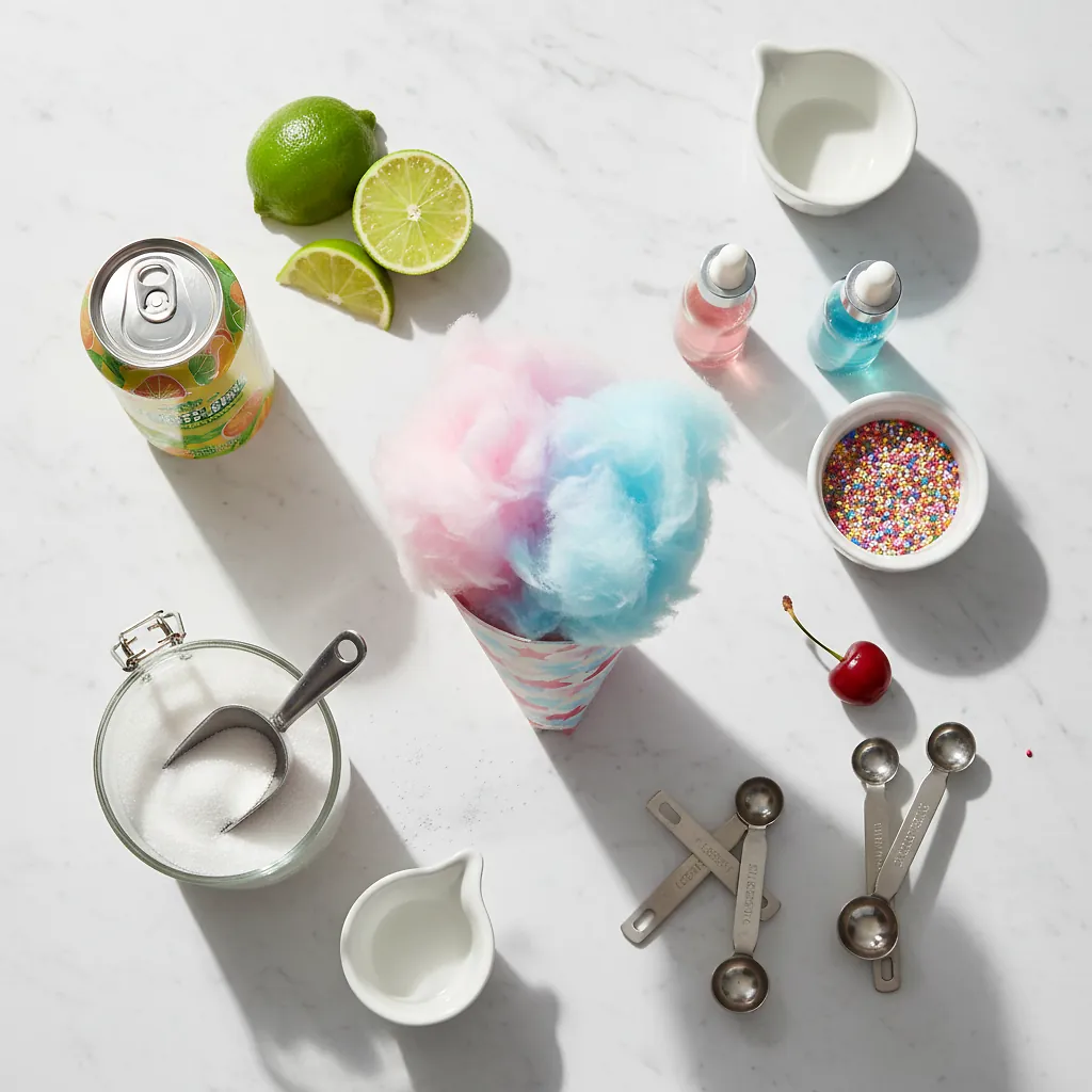 Cotton Candy Mocktail ingredients laid out on clean white counter