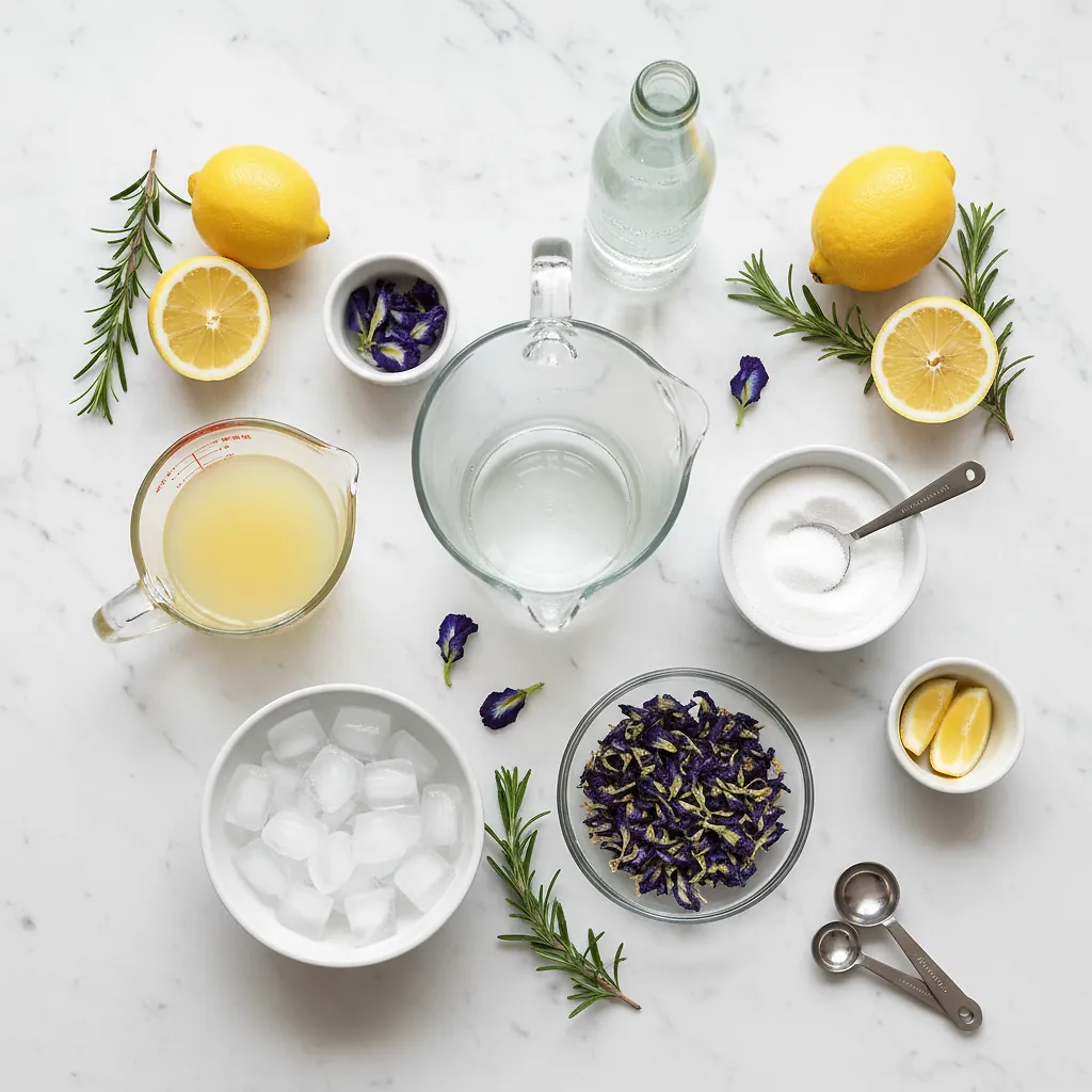 Butterfly Pea Tea Lemonade ingredients laid out on clean white counter