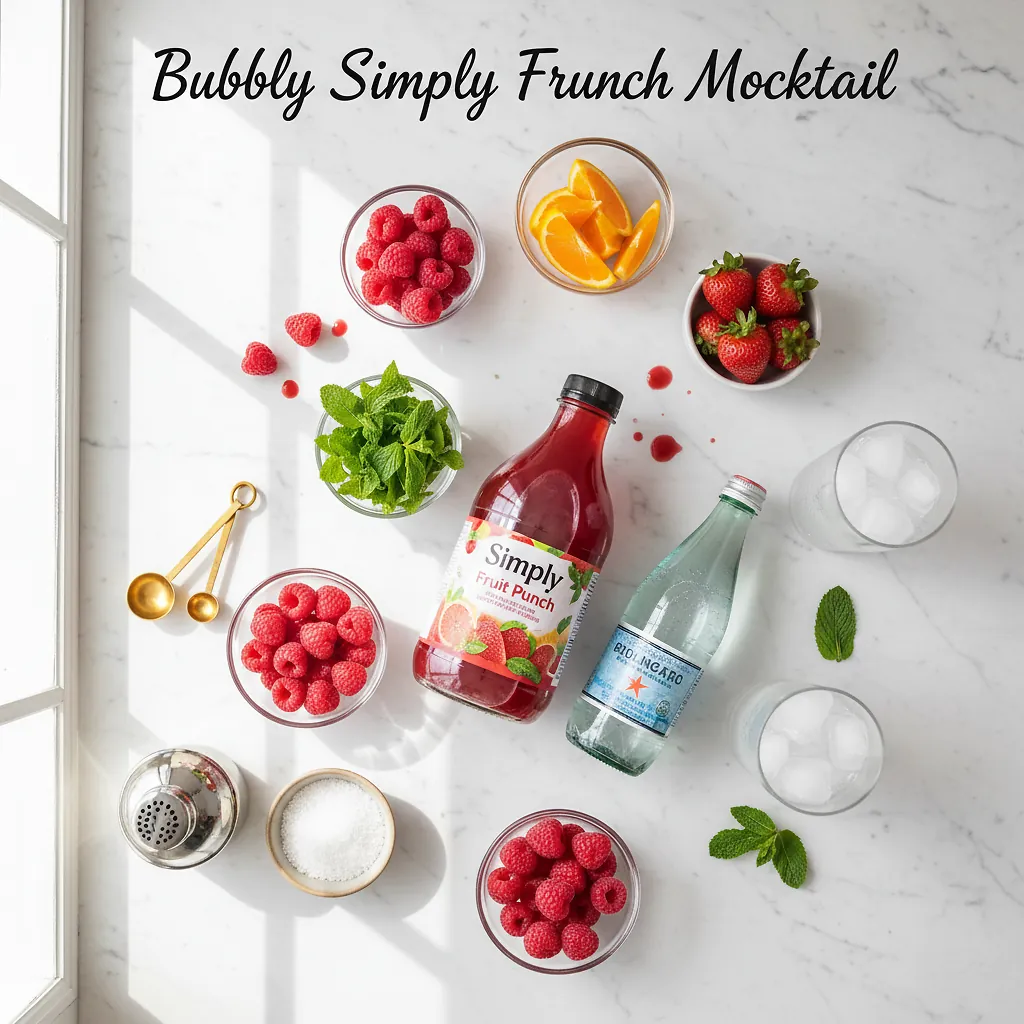 Bubbly Simply Fruit Punch Mocktail ingredients laid out on clean white counter