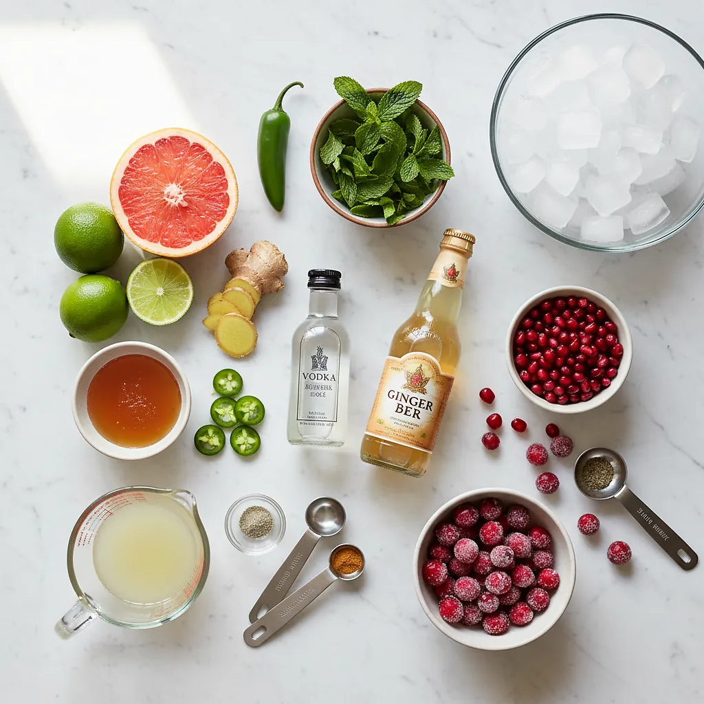 Spicy Elf Moscow Mule ingredients laid out on clean white counter
