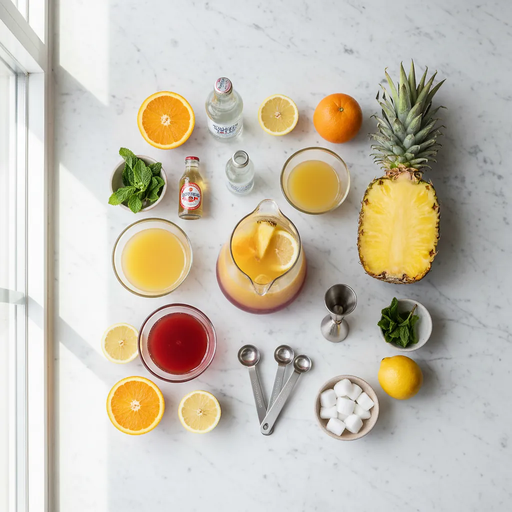 Cinderella Mocktail ingredients laid out on clean white counter