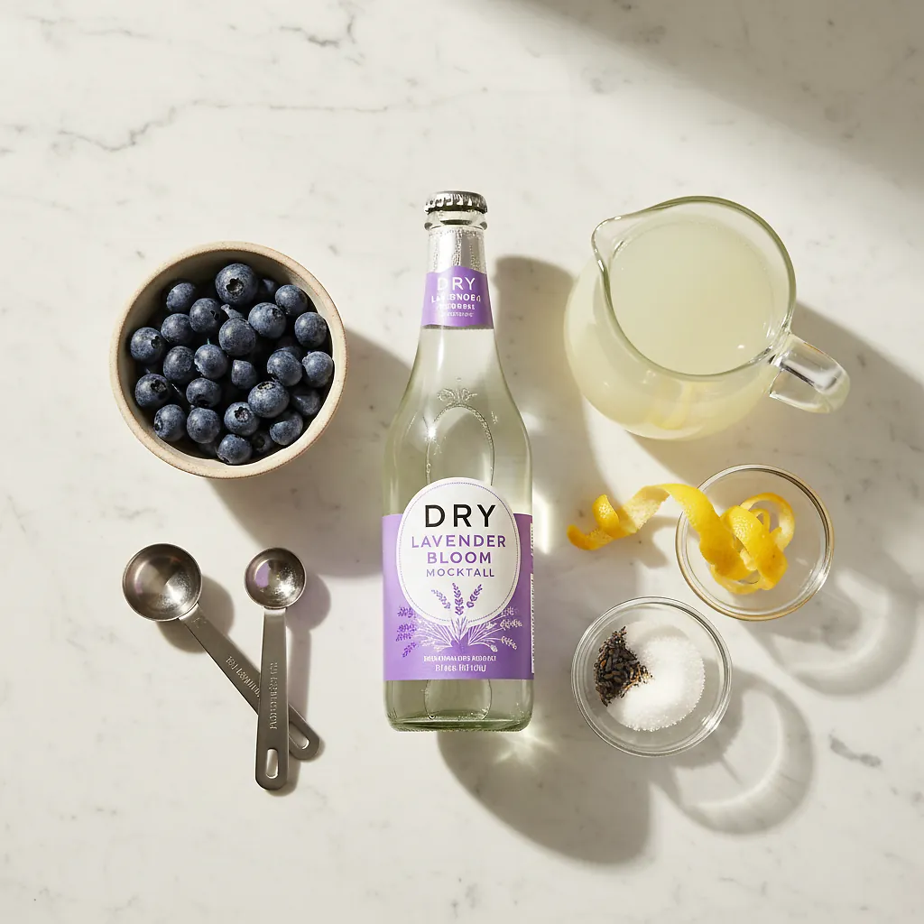DRY Lavender Bloom Recipe Mocktail 2 DRY Lavender Bloom Recipe Mocktail ingredients laid out on clean white counter