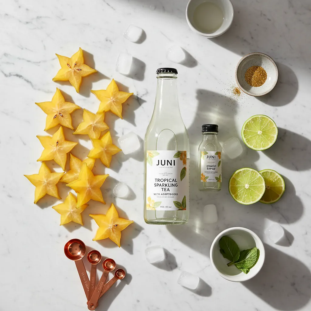 Starfruit Fizz Mocktail 2 Starfruit Fizz Mocktail ingredients laid out on clean white counter